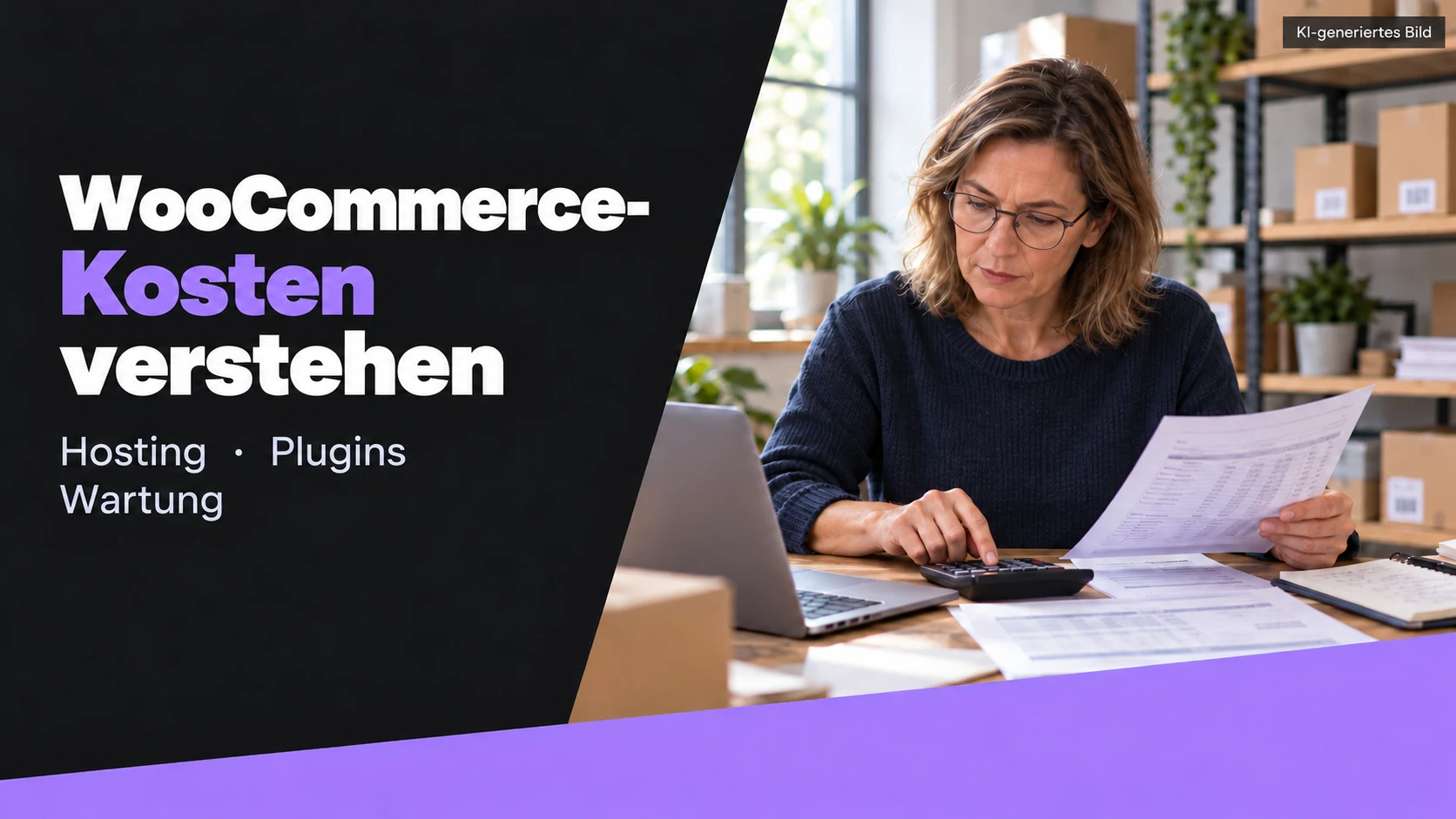 WooCommerce-Kosten verstehen: Hosting, Plugins und Wartung. KI-generierte Arbeitsszene bei der Budgetplanung.