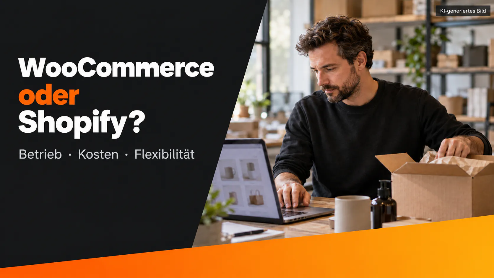 AI-generated article illustration: WooCommerce or Shopify — platform, costs and growth.